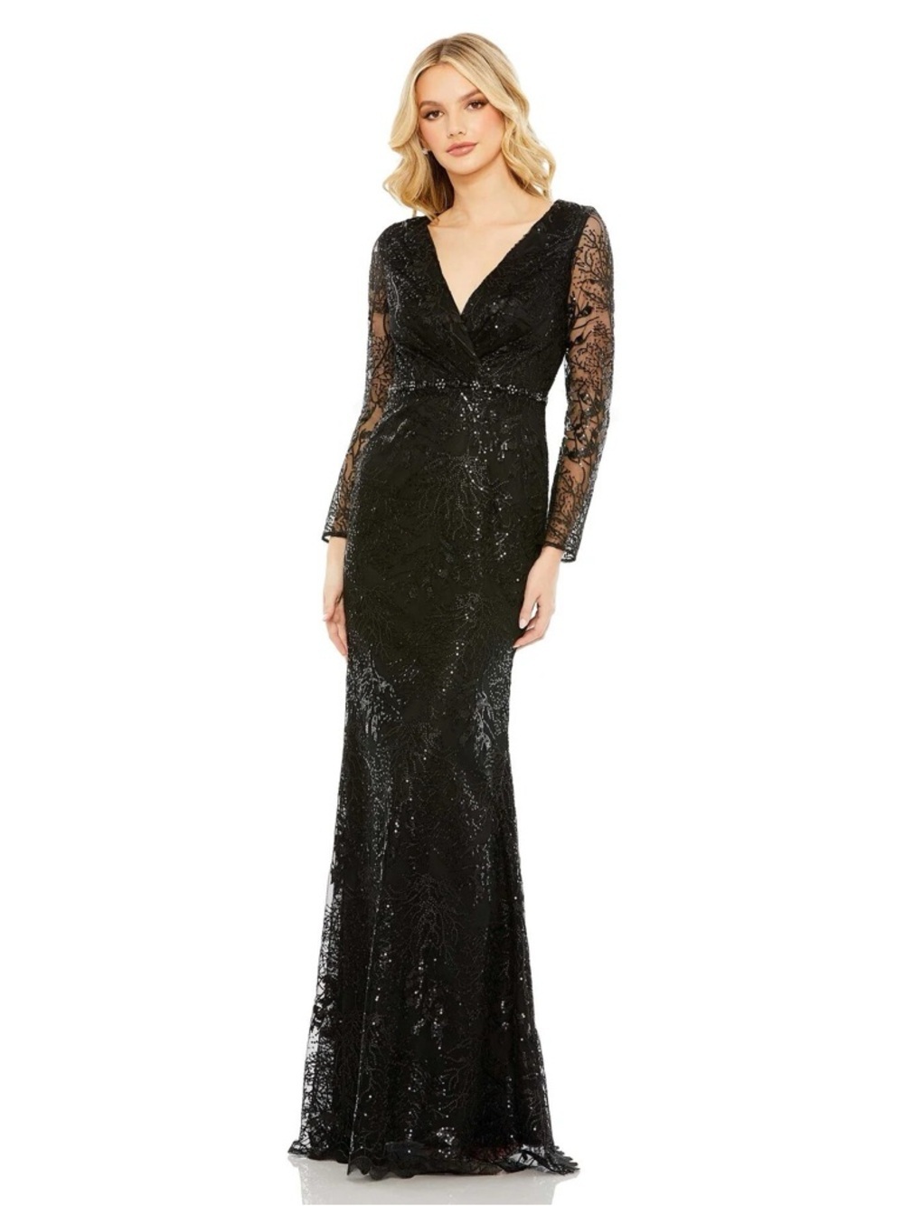 Mac Duggal 68016 Black Embellished Wrap Over Long Sleeve Gown Size 8 NWT